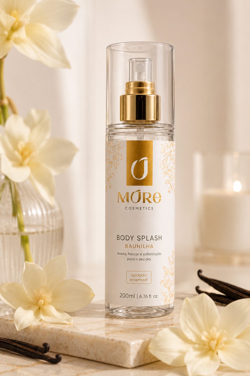 Body Splash Baunilha Mûre Cosmetics sobre bancada de mármore, com favas de baunilha e flores brancas